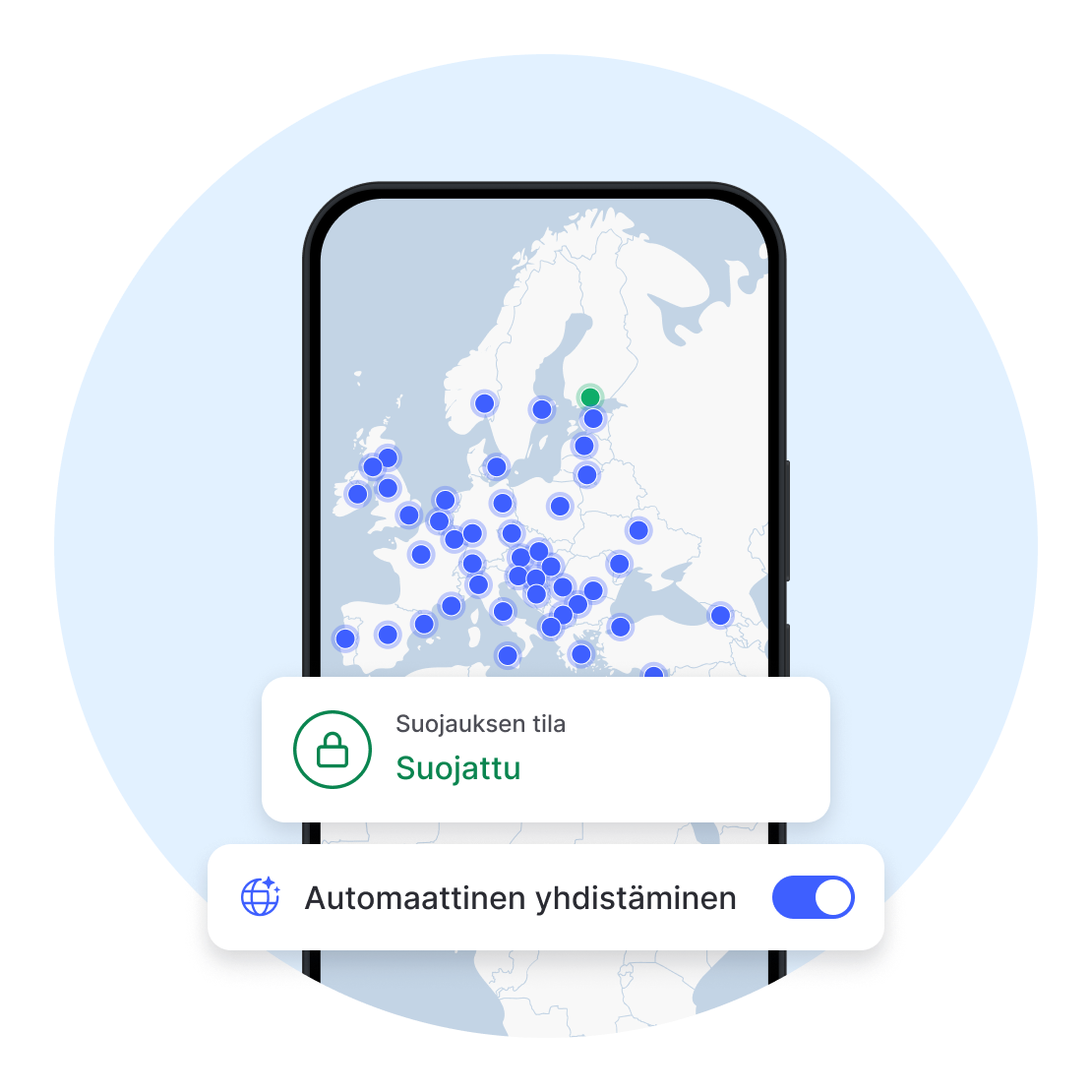 Automaattinen yhdistäminen ottaa VPN-suojauksen käyttöön ilman, että sinun tarvitsee edes miettiä asiaa.