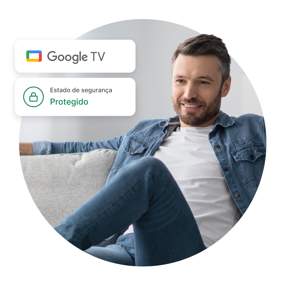 Um homem a ver Google TV, sentindo-se seguro enquanto a NordVPN protege a sua ligação.