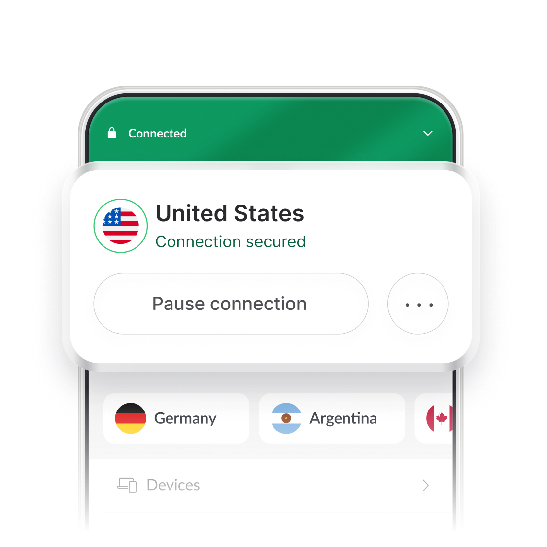 Screenshot of the NordVPN app interface with the US server selected.