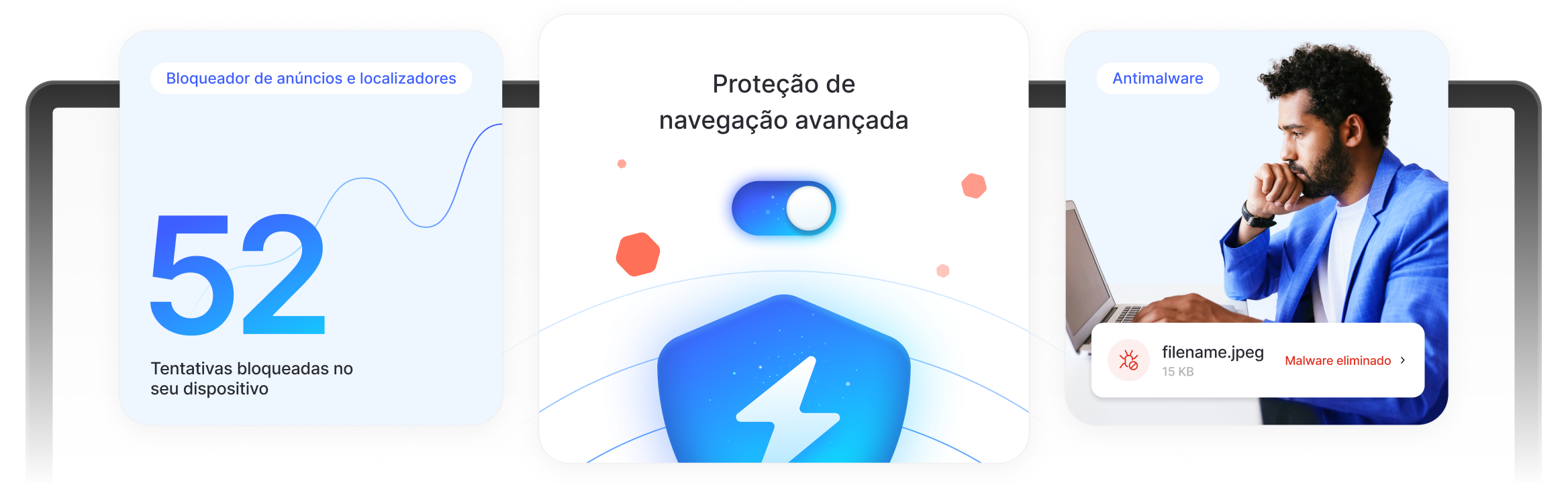 Um homem desfruta de proteção avançada da navegação e evita anúncios, rastreadores e transferências maliciosas.