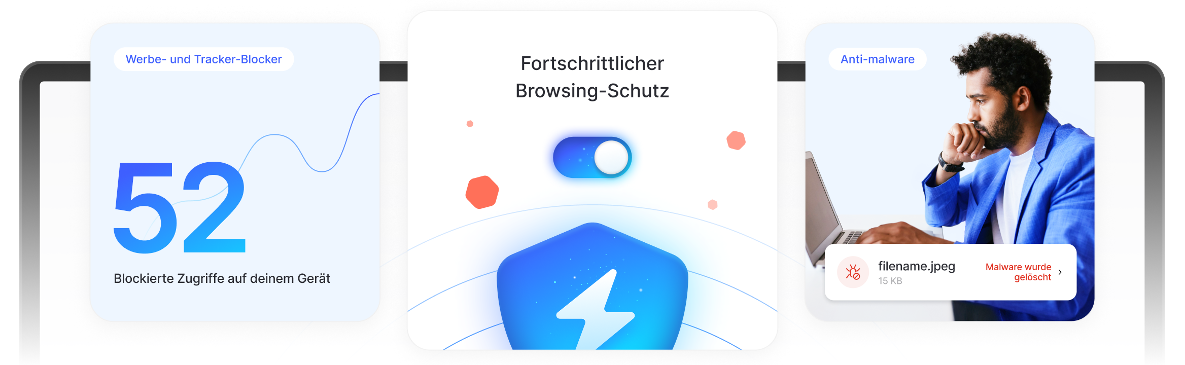 Ein Mann genießt fortgeschrittenen Browsing-Schutz und vermeidet Anzeigen, Tracker und bösartige Downloads.