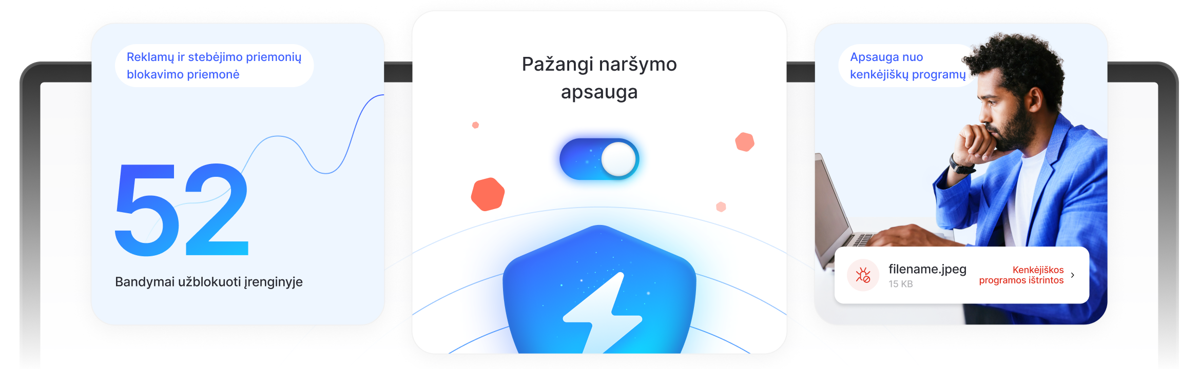 Vyras džiaugiasi pažangia apsauga naršant ir išvengia reklamų, stebėjimo priemonių bei kenkėjiškų atsisiunčiamų failų.