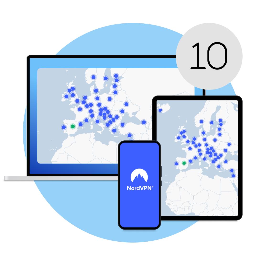 Una sola cuenta de NordVPN protege hasta 10 dispositivos simultáneamente, incluidos ordenadores portátiles, tablets y smartphones.
