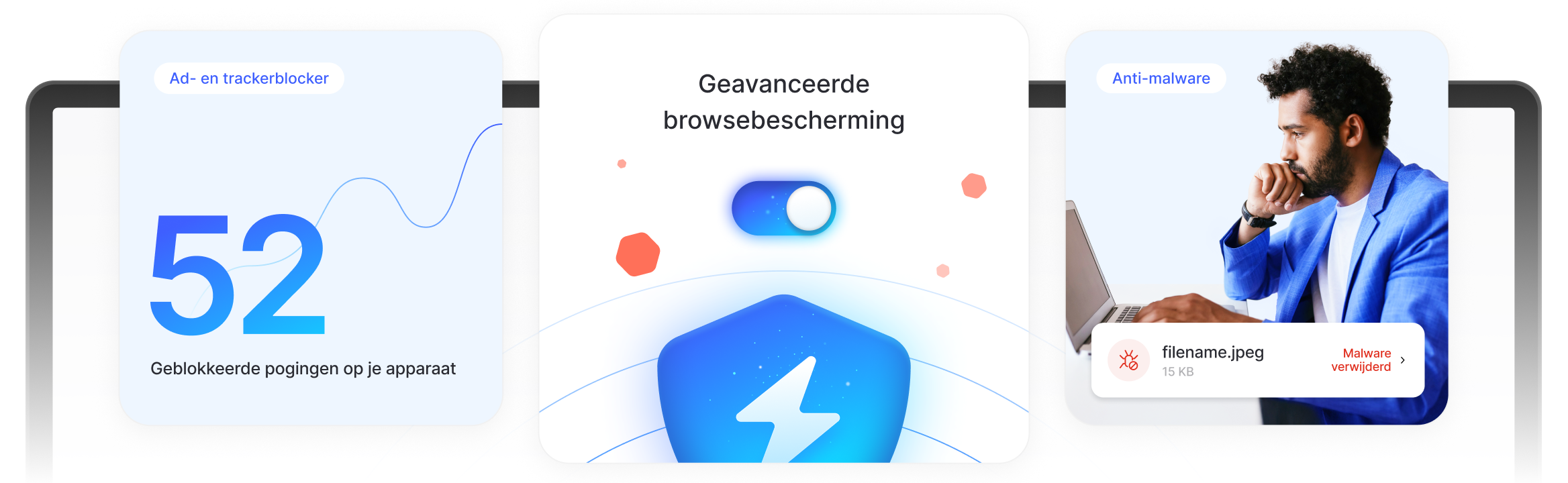 Een man geniet van geavanceerde browsebescherming en vermijdt advertenties, trackers en schadelijke downloads.