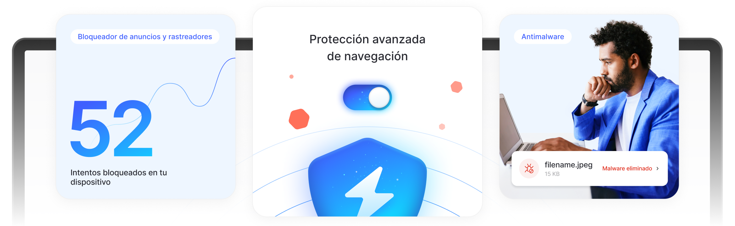 Un hombre disfruta de protección avanzada de navegación y evita anuncios, rastreadores y descargas peligrosas.