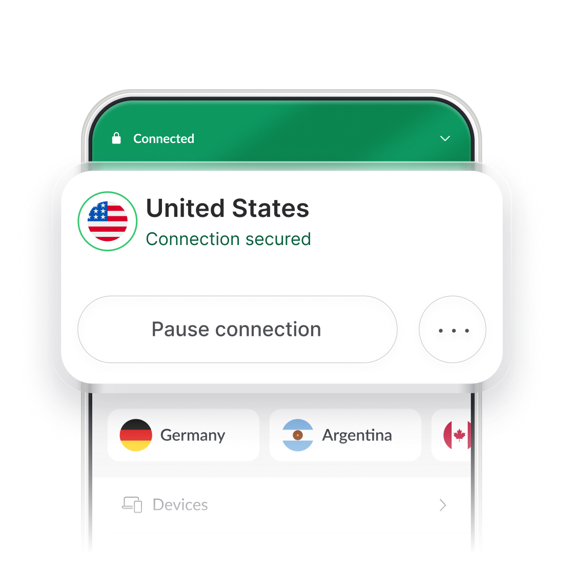 A smartphone screen with a VPN app interface that shows that the device has connected to a VPN server in the US.