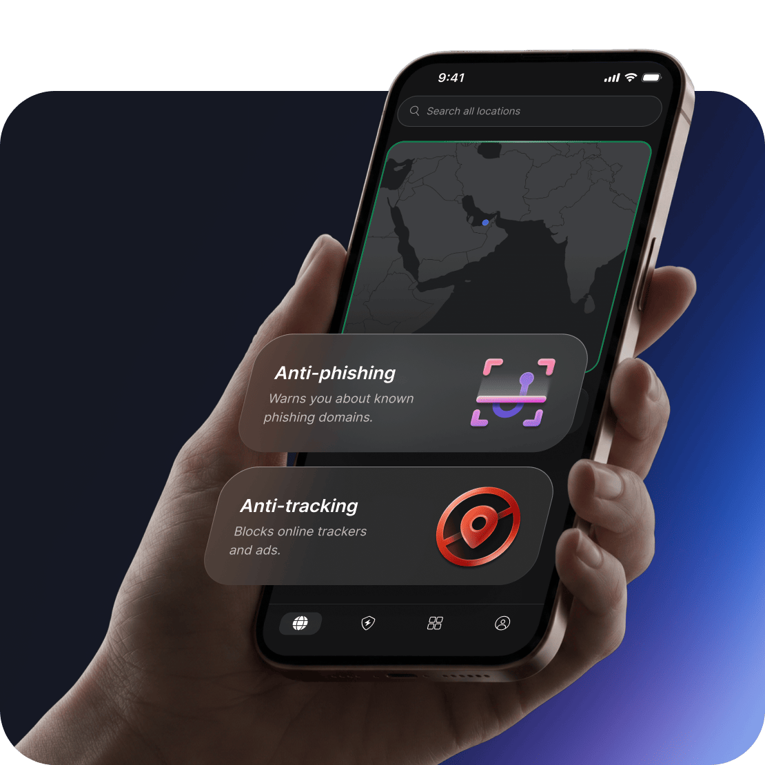 ميزات الأمان المقدمة من NordVPN للحماية من الاحتيال والتصيد الاحتيالي معروضة على شاشة جهاز.
