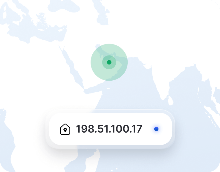 جزء من تطبيق VPN يعرض عنوان بروتوكول إنترنت (IP) مخصصًا، بالإضافة إلى علامة موقع على خريطة الإمارات العربية المتحدة.