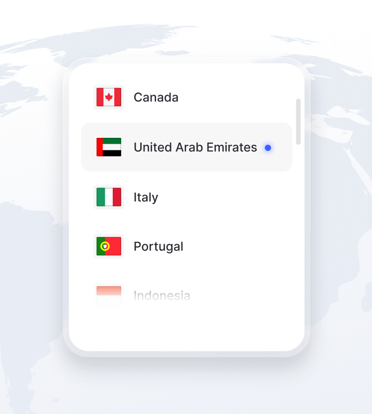 مقطع من الكرة الأرضية مع قائمة بمواقع خوادم VPN المتاحة عليها.