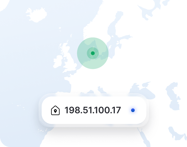 Et lille udsnit af en VPN-app med en dedikeret IP og en placeringsmarkør på et kort over Danmark.