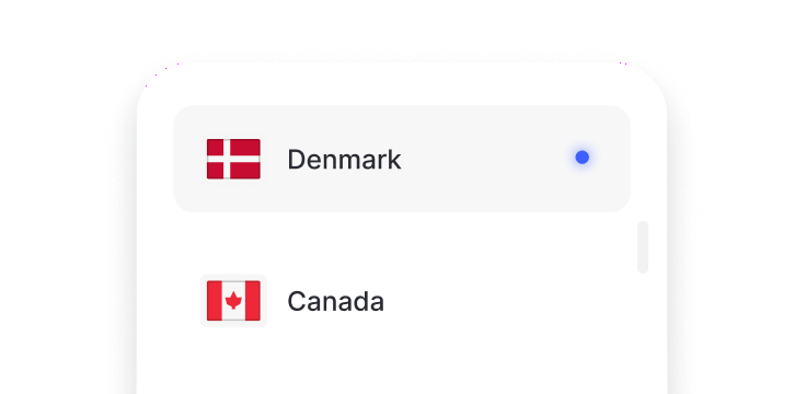 Et lille udsnit af en liste, der viser placeringer med dedikeret IP, som f.eks. Danmark og Canada.