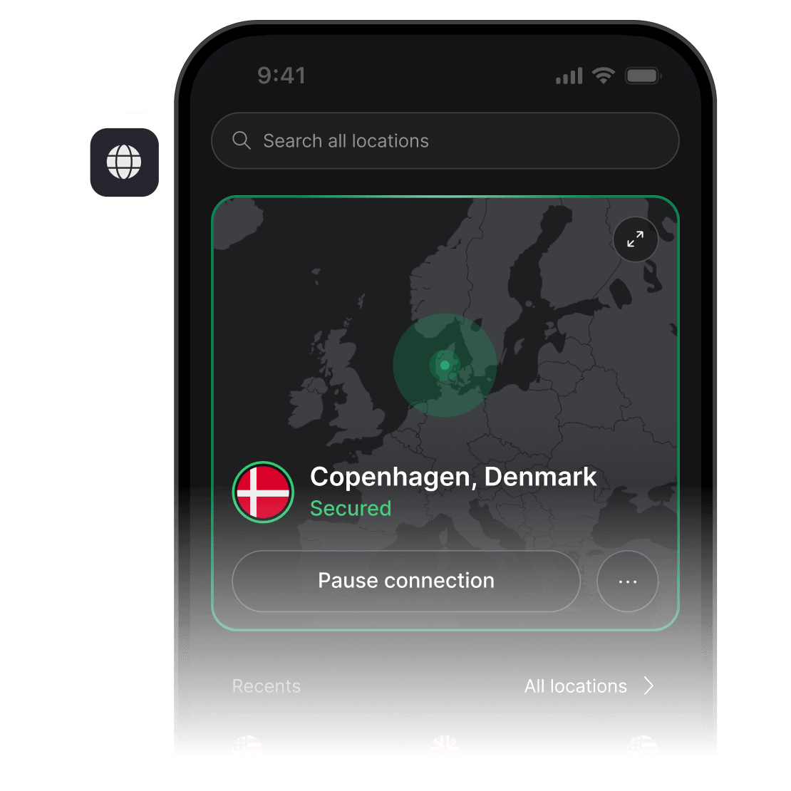 En skærm på en smartphone, der viser, at NordVPN's app er åben og forbundet til en VPN-server i USA.