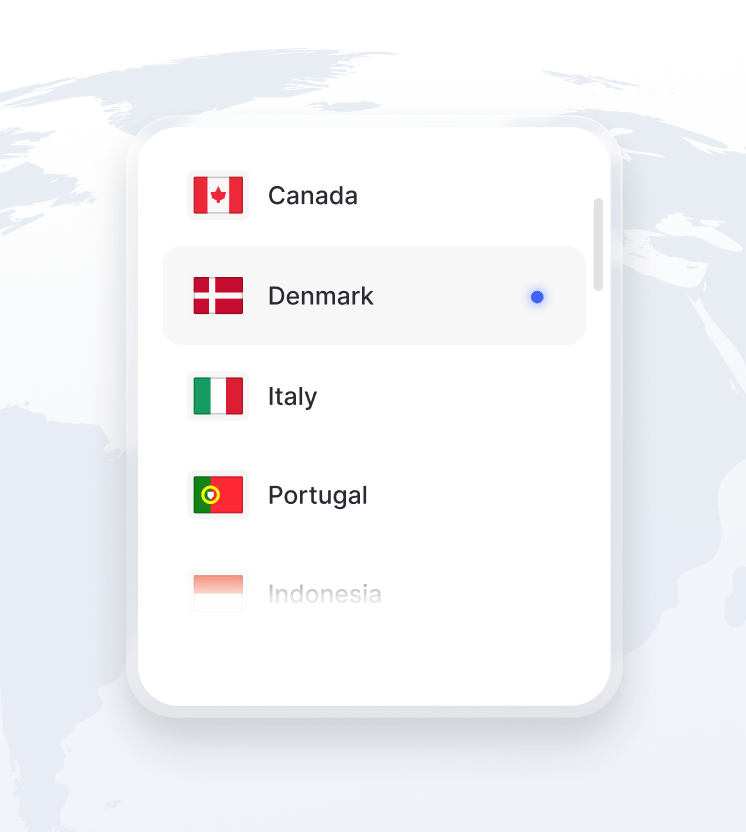 Et lille udsnit af kloden med en liste over tilgængelige VPN-serverplaceringer.