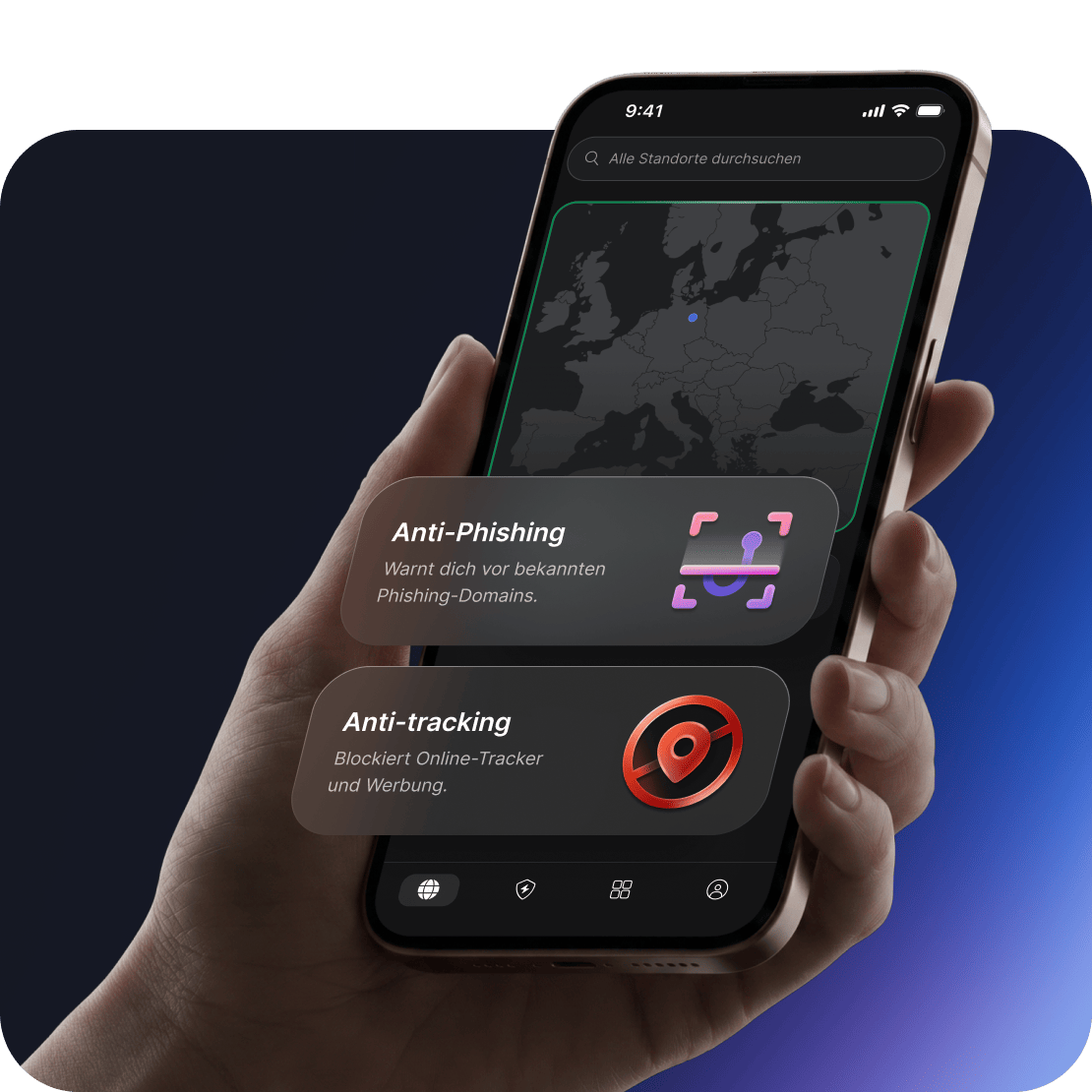 Die Sicherheitsfunktionen von NordVPN zum Schutz vor Betrug und Phishing, angezeigt auf dem Bildschirm eines Geräts.
