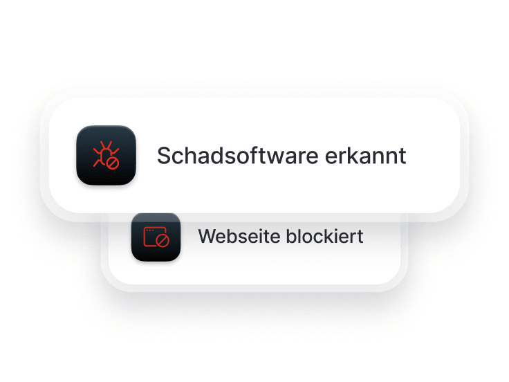 Ein Browser-Bildschirm mit den Warnmeldungen „Schadsoftware erkannt“ und „Website blockiert“.
