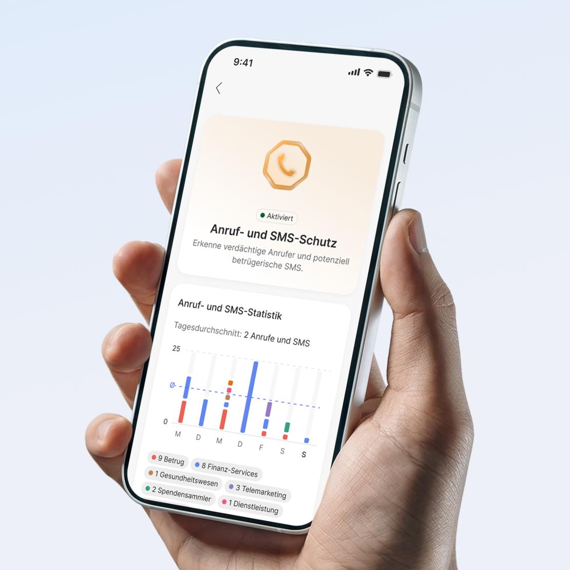 A hand holds a smartphone showing a call and message protection activity chart in the NordVPN app.