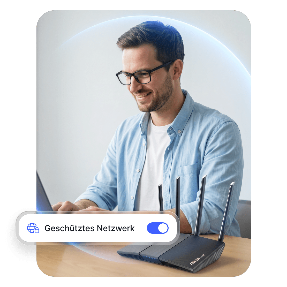 Eine Person, die einen mit NordVPN geschützten Router nutzt, um sicher auf ihrem Laptop zu surfen.
