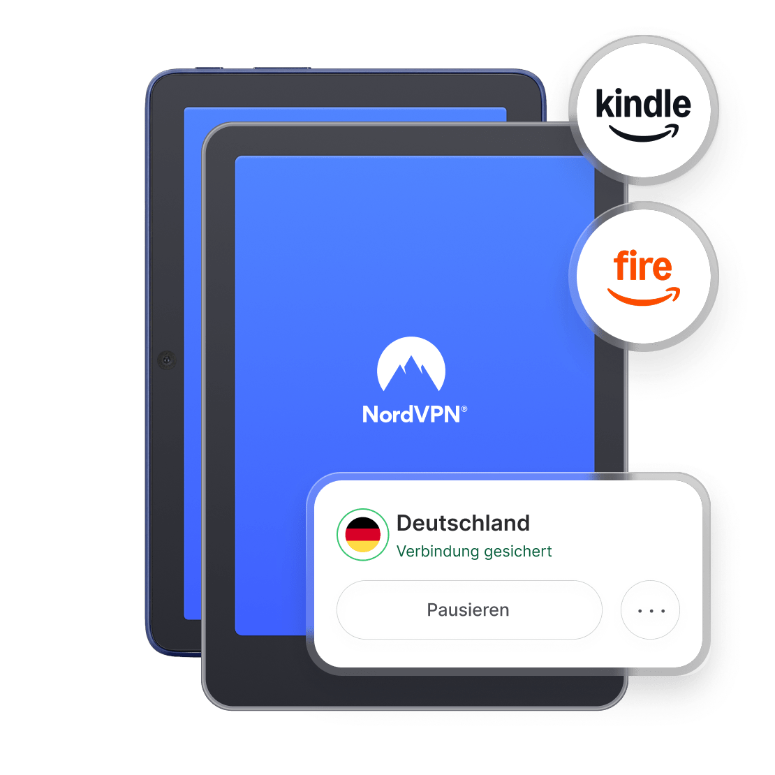 Kindle- und Fire-Tablet-Geräte mit der auf dem Bildschirm geöffneten NordVPN-App, auf der eine gesicherte Verbindung nach Deutschland angezeigt wird.