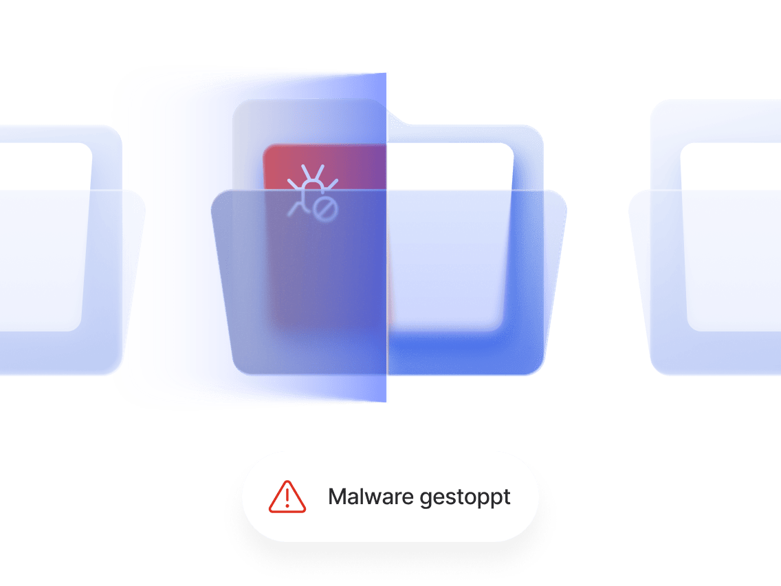 Grafik, die einen blockierten Ordner mit Malware zeigt, mit der Warnmeldung „Malware gestoppt“.