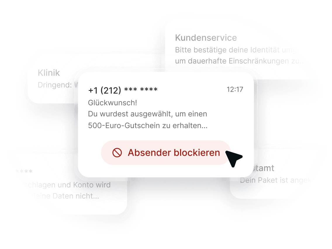 Eine SMS von einer unbekannten Nummer mit einer Schaltfläche „Absender blockieren“ direkt darunter.