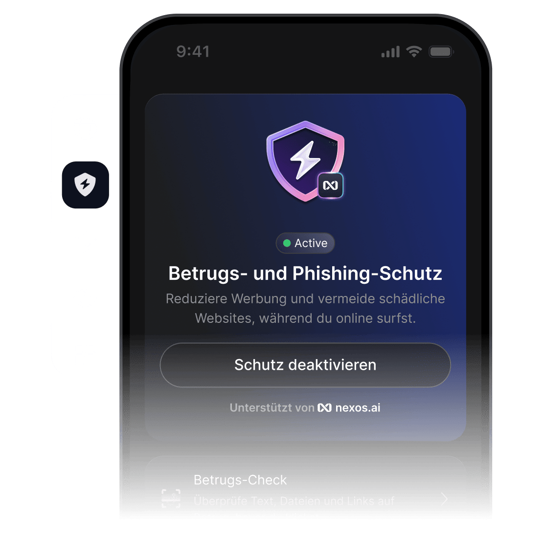 Ein Smartphone-Bildschirm, auf dem die NordVPN-App geöffnet ist und die Funktion zum Schutz vor Betrug und Phishing aktiviert ist.