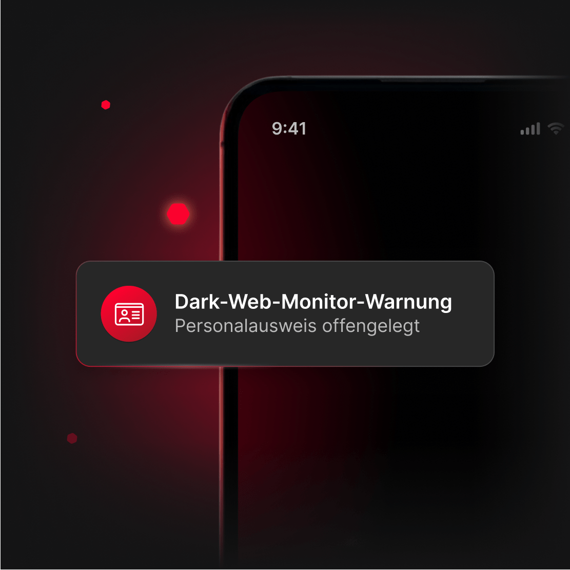 Ein Smartphone mit einer dringenden Dark-Web-Monitor-Warnung, die darauf hinweist, dass der Personalausweis des Nutzers im Dark Web gefunden wurde.
