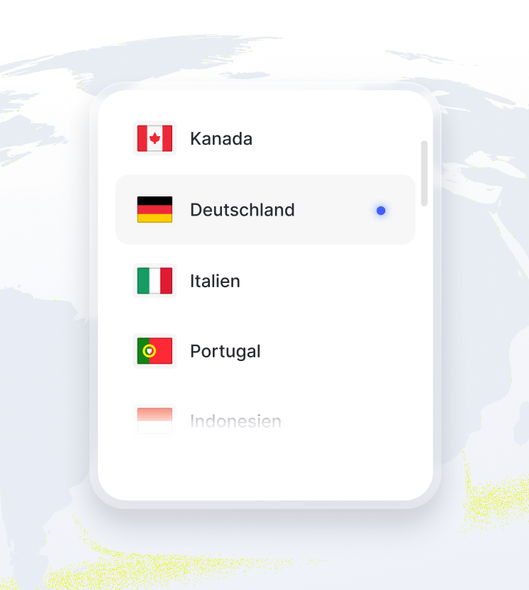 Ein Ausschnitt der Weltkarte mit einer Liste der verfügbaren VPN-Serverstandorte darauf.