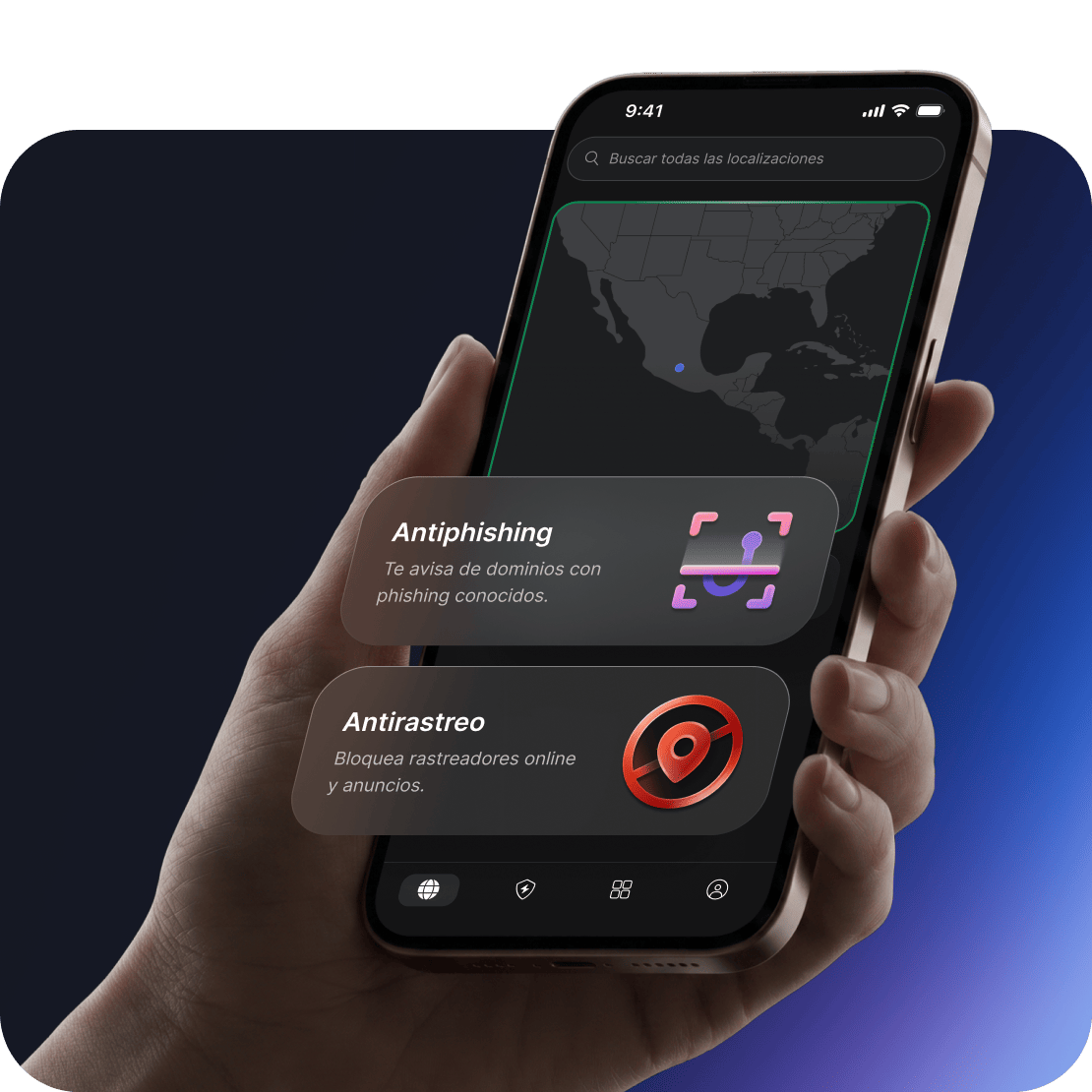 Las funciones de NordVPN para la protección contra estafas y phishing se muestran en la pantalla de un dispositivo.