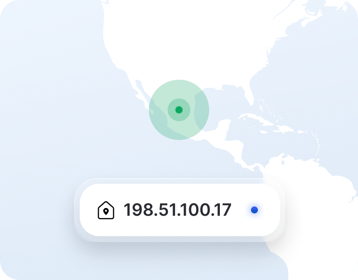 Fragmento de una app VPN con una IP dedicada y un marcador de ubicación en un mapa de México.