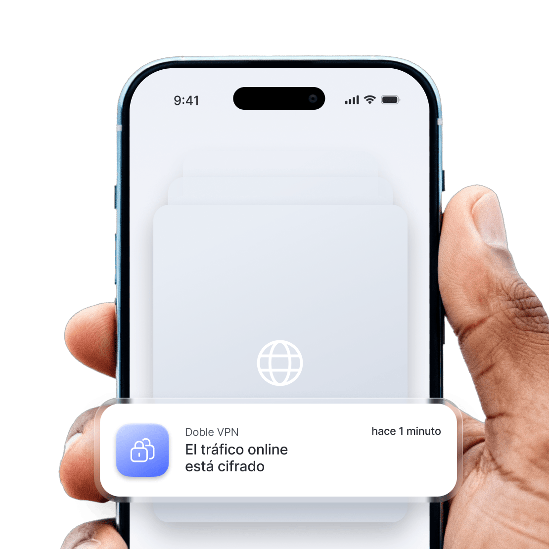 Pantalla de un smartphone que muestra que el dispositivo está usando el cifrado Doble VPN.