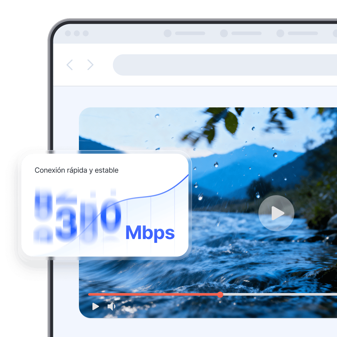 Un fragmento de la pantalla de una laptop con un video en pausa junto a una métrica de velocidad de internet borrosa que muestra la velocidad de NordVPN.
