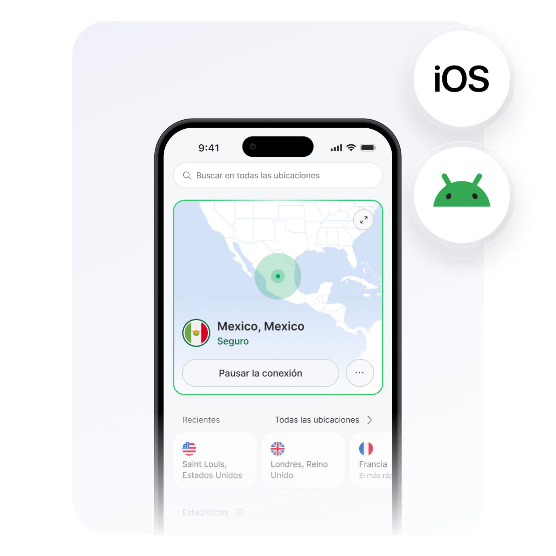 Un teléfono inteligente muestra la app de NordVPN conectada a un servidor de México para ver contenido de pago en streaming.