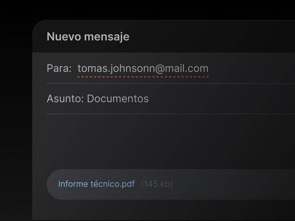 Un correo con un archivo .pdf adjunto y cuyo asunto dice «Documentos».