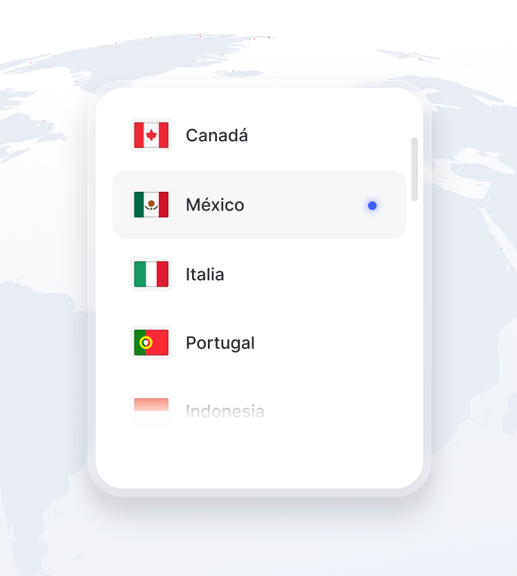 Una vista del mundo con una lista de las ubicaciones de servidores VPN disponibles.