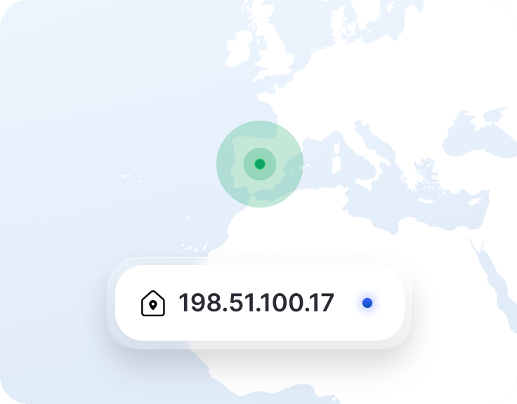 Fragmento de una app VPN con una dirección IP dedicada y un marcador de ubicación en un mapa de España.