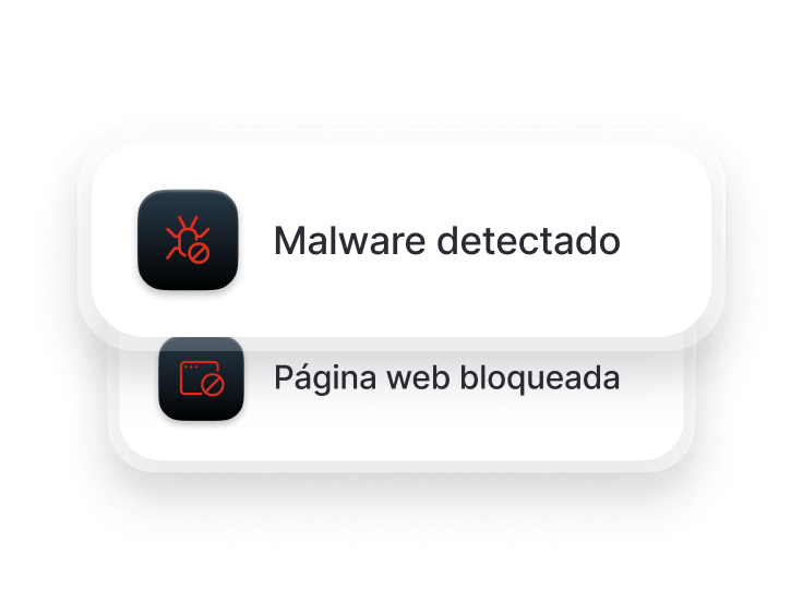 Una pantalla de navegador que muestra las advertencias «Malware detectado» y «Página web bloqueada».