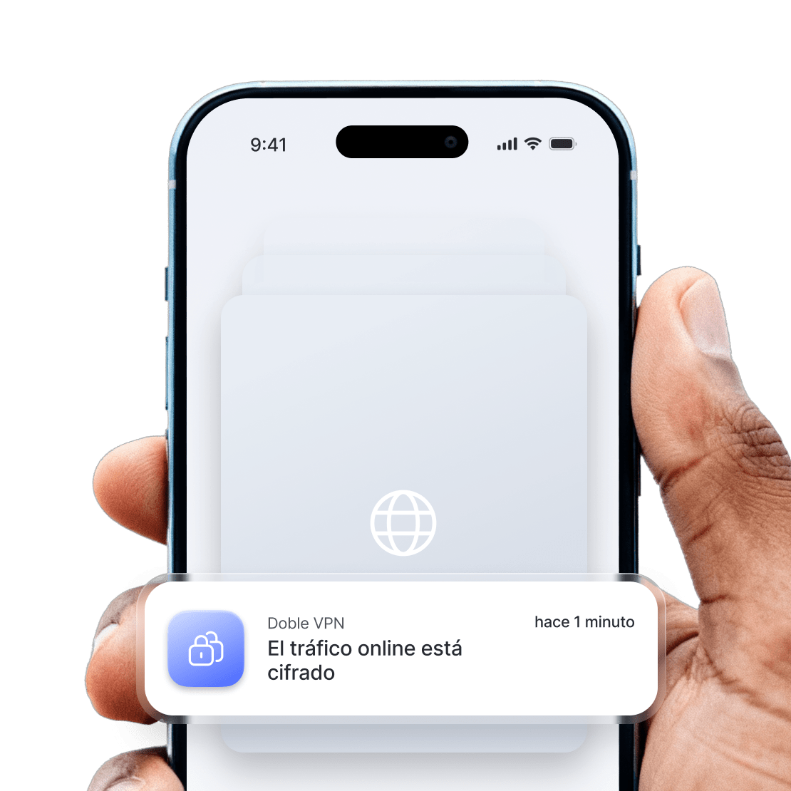 Pantalla de un teléfono que muestra que el dispositivo está usando el cifrado Doble VPN.