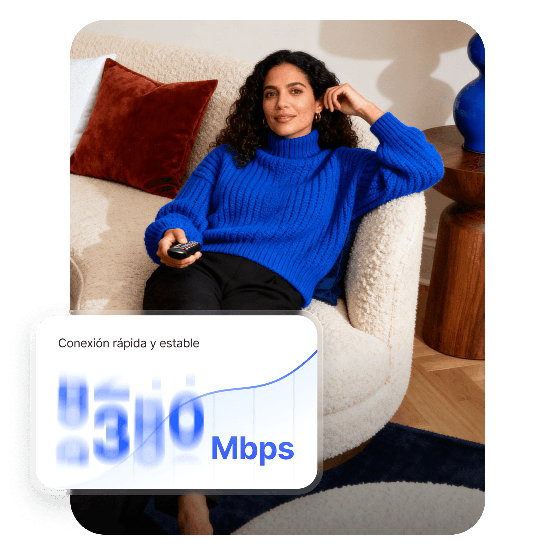 Una mujer utiliza una conexión VPN rápida y estable para ver películas y series en streaming.