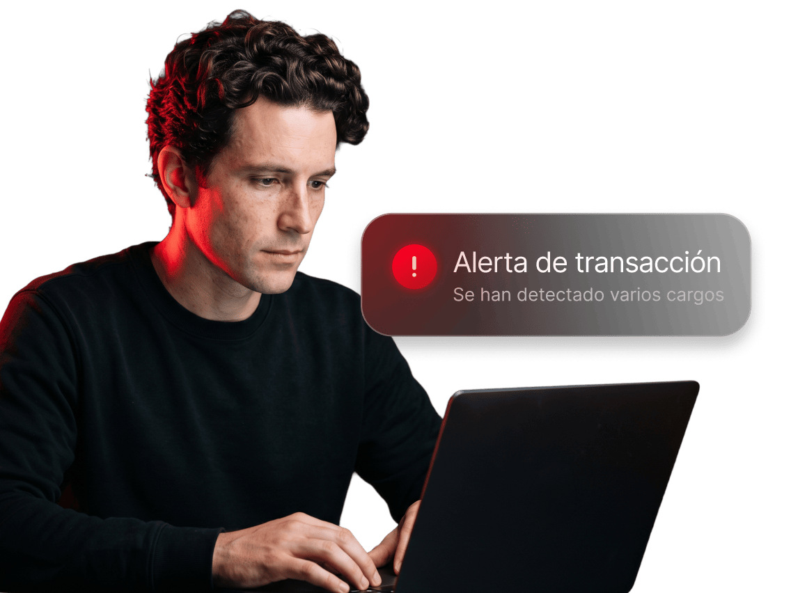 Una persona revisando una alerta de supervisión de transacciones de NordVPN en su portátil.