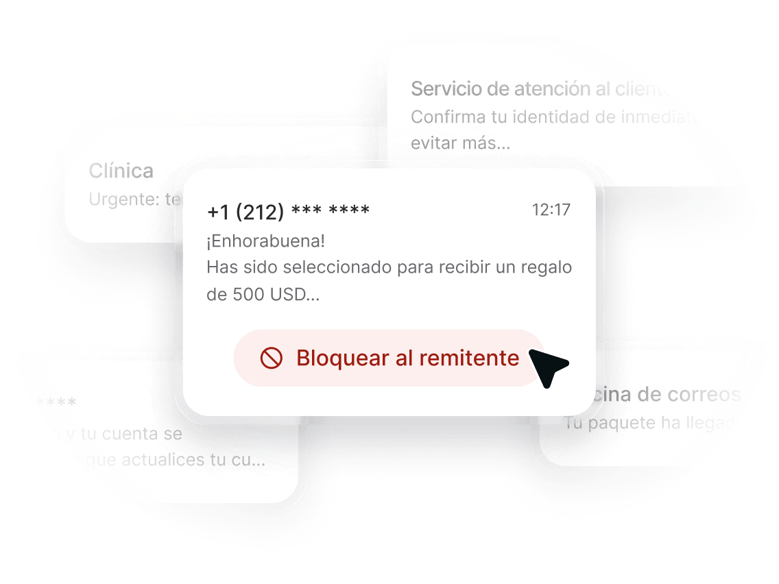 Un SMS de un número desconocido con un botón para bloquear al remitente justo debajo.
