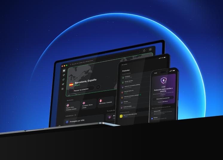 Un portátil, una tablet y un smartphone con NordVPN para navegar por internet de forma más segura.
