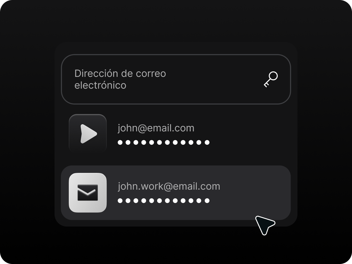 Un campo de texto para iniciar sesión con sugerencias de correo electrónico y contraseña de un gestor de contraseñas