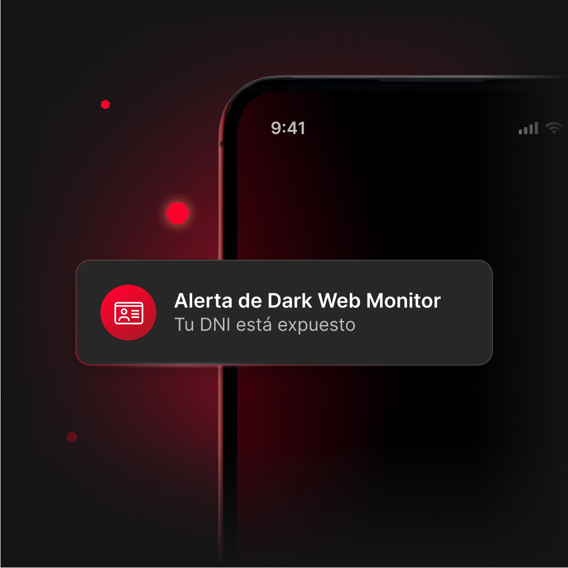Un teléfono con una alerta urgente de Dark Web Monitor sobre el hallazgo del DNI del usuario en la dark web.
