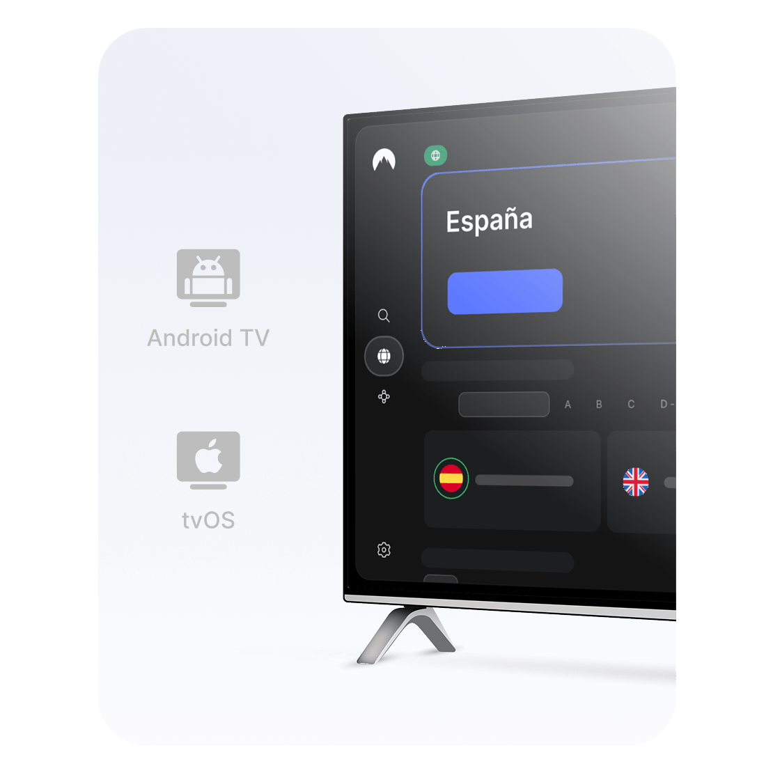 La app de NordVPN con un servidor de España seleccionado para configurar una VPN en un smart TV y ver contenido en streaming.