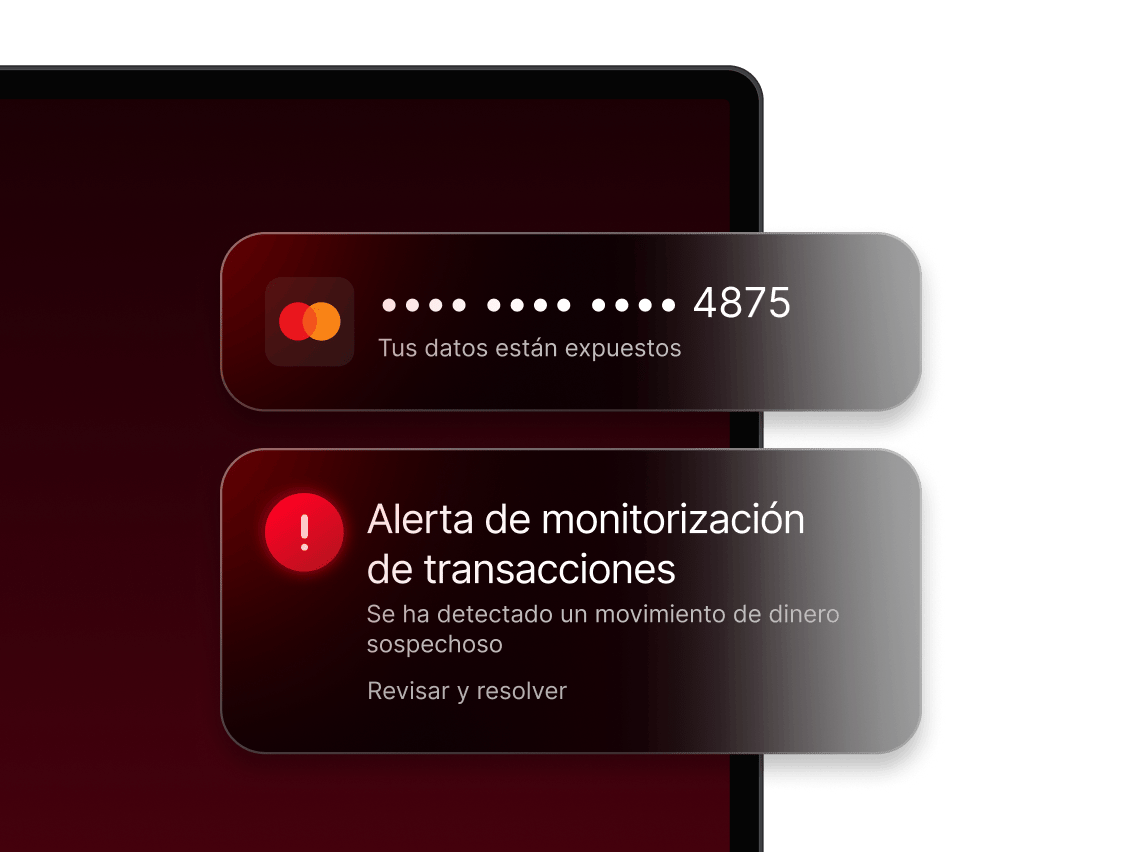 Una alerta de monitorización de transacciones que señala datos bancarios expuestos y movimientos de dinero sospechosos.