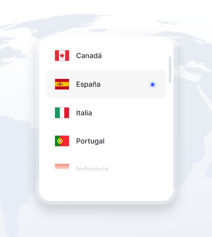 Una sección del globo terráqueo con una lista de las ubicaciones de servidores VPN disponibles.