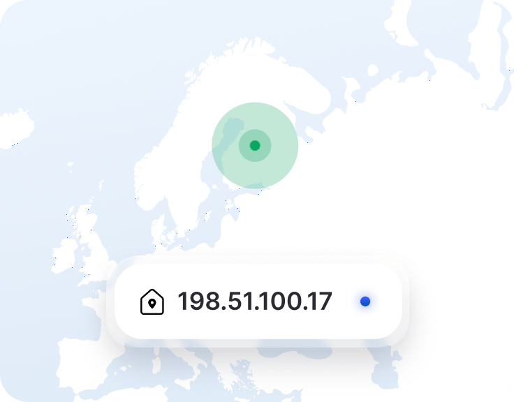 Osa VPN-sovellusta, jossa näkyy oma IP-osoite, sekä sijaintimerkki Suomen kartalla.