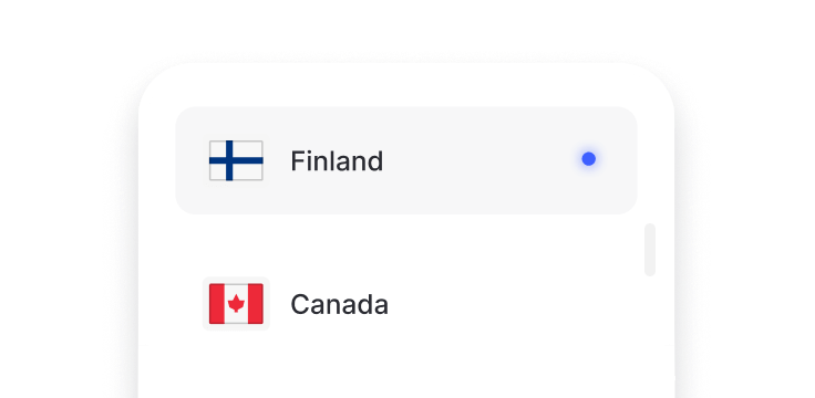 Ote luettelosta, jossa näkyy omien IP-osoitteiden sijainteja, kuten Suomi ja Kanada.