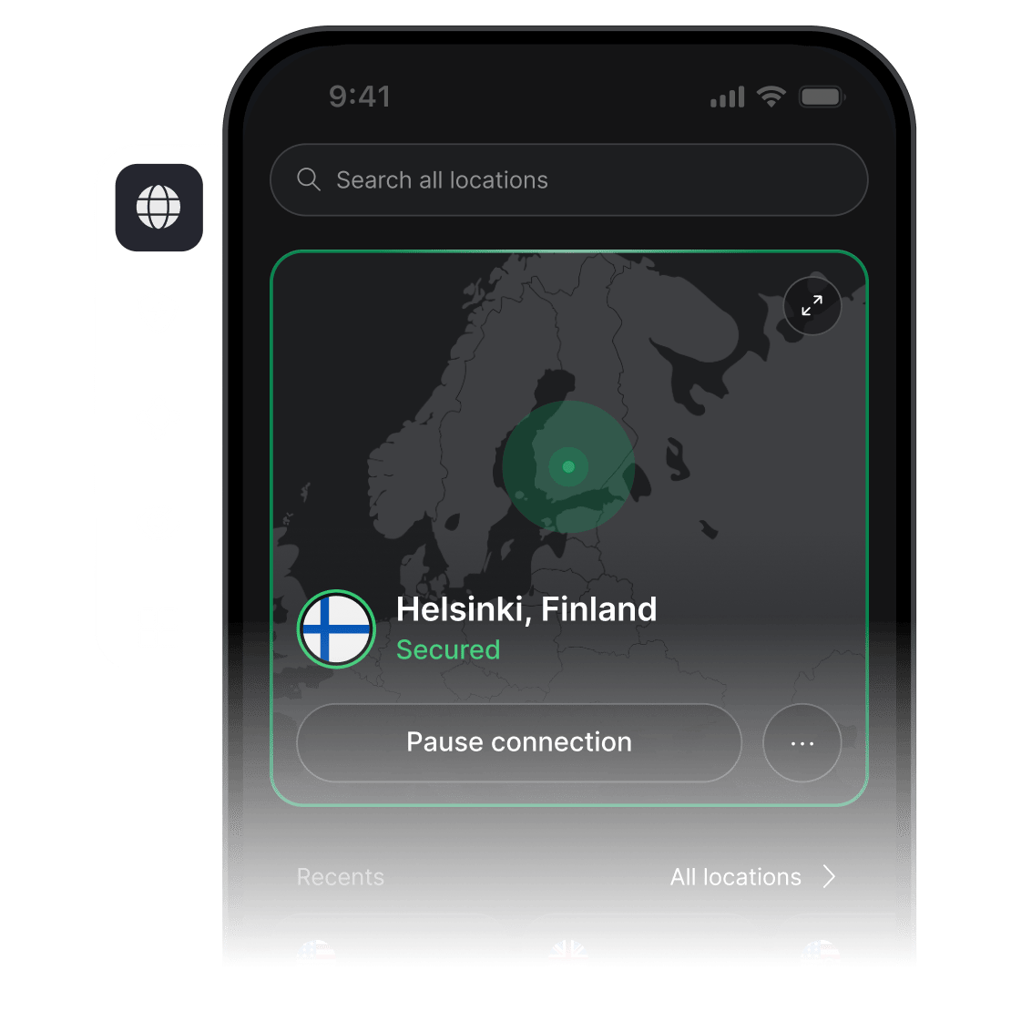 Älypuhelimen näytöllä on auki NordVPN-sovellus, joka on yhdistetty VPN-palvelimeen Yhdysvalloissa.