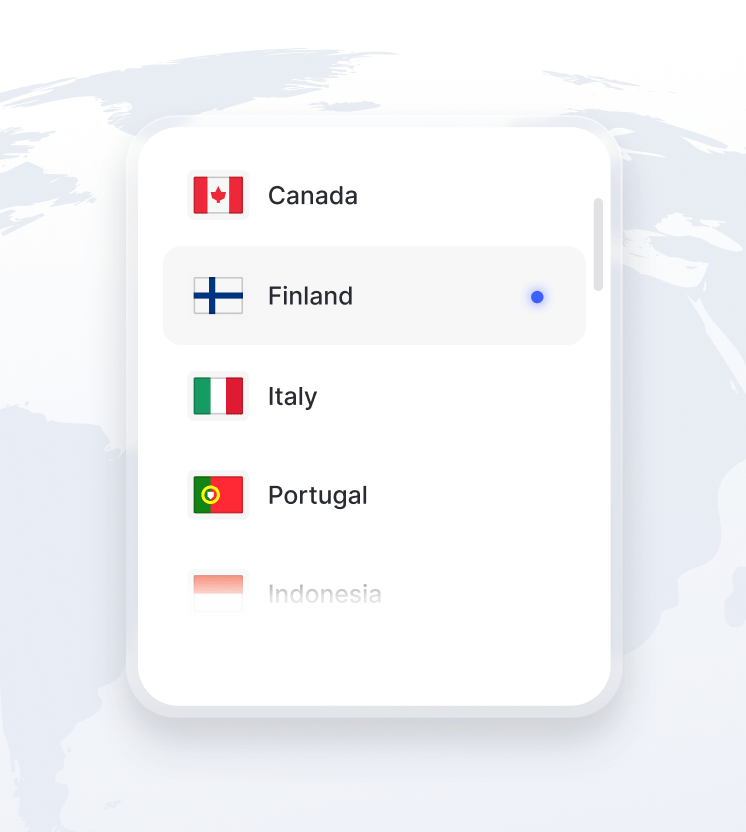 Osa maapallosta näkyy kuvassa, ja kuvan luettelossa lukee käytettävissä olevia VPN-palvelinten sijainteja.